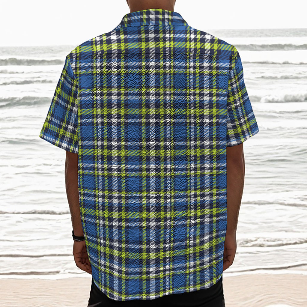 Blue Green And White Plaid Pattern Print Textured Short Sleeve Shirt