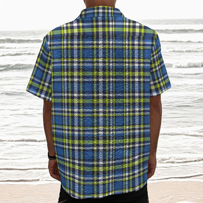Blue Green And White Plaid Pattern Print Textured Short Sleeve Shirt
