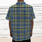 Blue Green And White Plaid Pattern Print Textured Short Sleeve Shirt