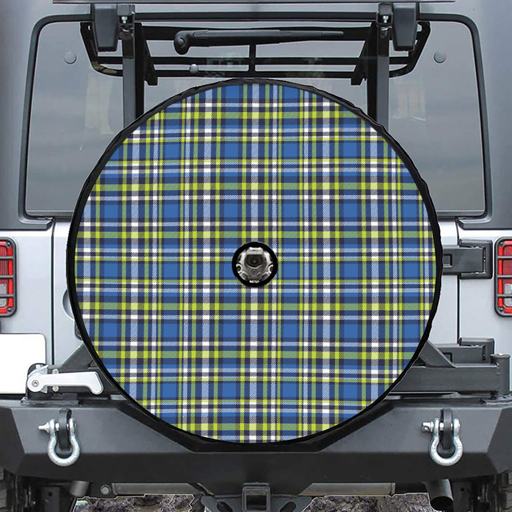 Blue Green And White Plaid Pattern Print Tire Cover With Camera Hole