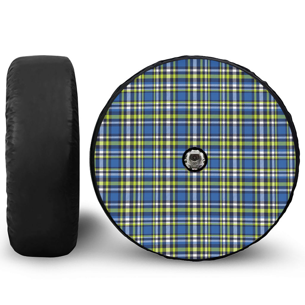Blue Green And White Plaid Pattern Print Tire Cover With Camera Hole