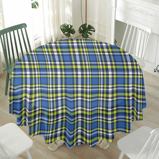 Blue Green And White Plaid Pattern Print Waterproof Round Tablecloth