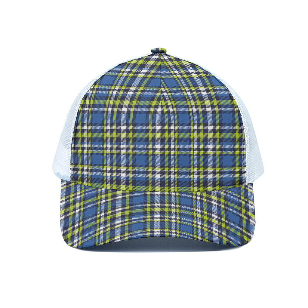Blue Green And White Plaid Pattern Print White Mesh Trucker Cap