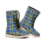 Blue Green And White Plaid Pattern Print Winter Boots