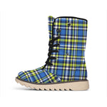 Blue Green And White Plaid Pattern Print Winter Boots