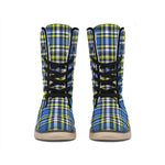 Blue Green And White Plaid Pattern Print Winter Boots