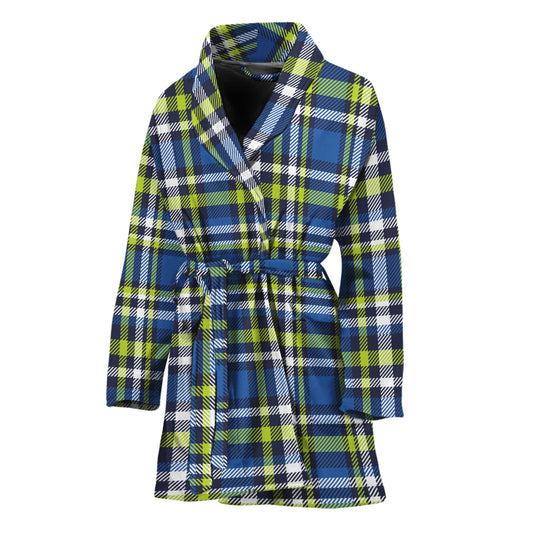 Blue Green And White Plaid Pattern Print Women's Bathrobe