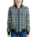 Blue Green And White Plaid Pattern Print Women's Bomber Jacket