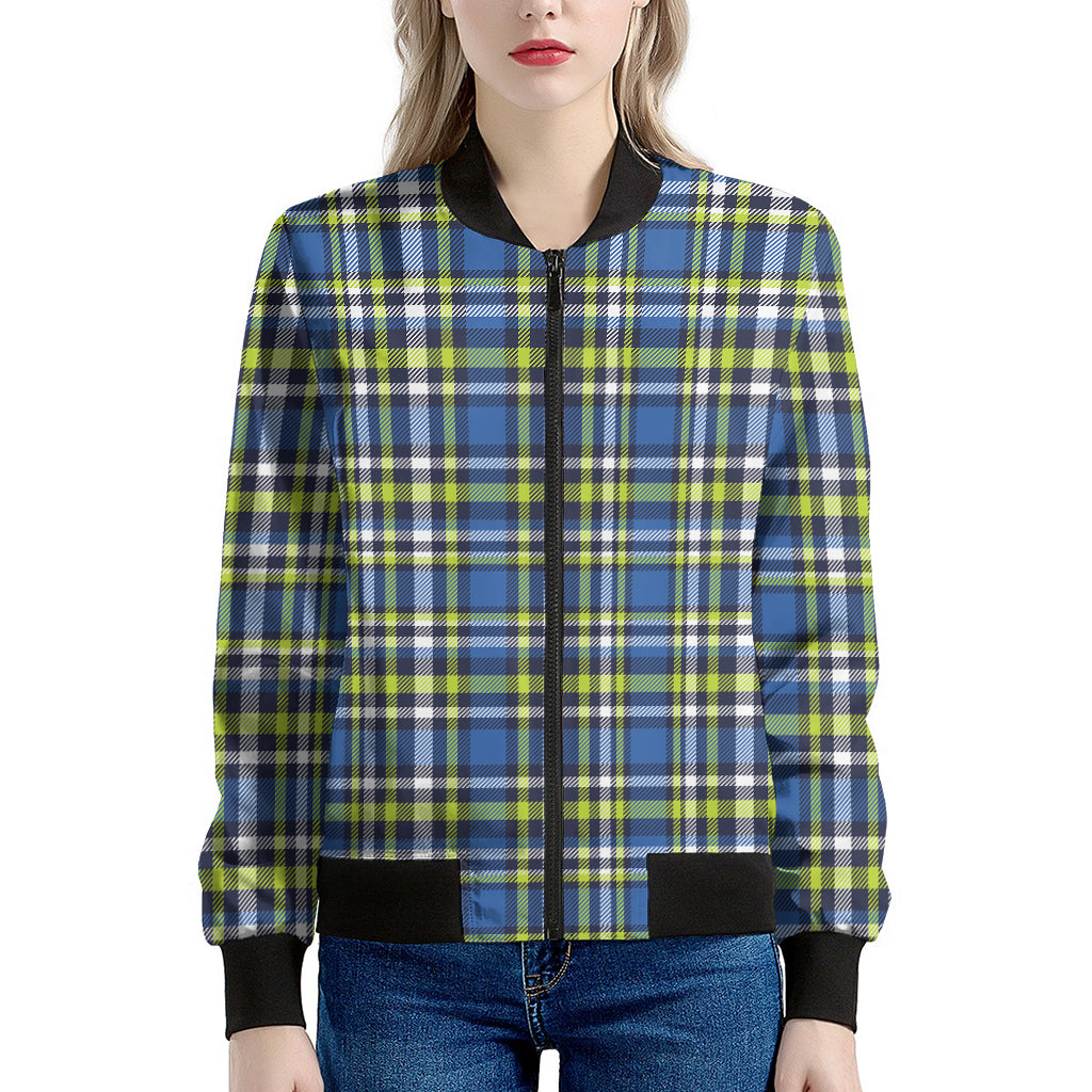 Blue Green And White Plaid Pattern Print Women's Bomber Jacket