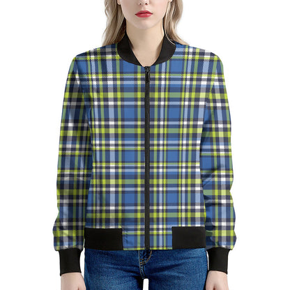Blue Green And White Plaid Pattern Print Women's Bomber Jacket