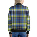 Blue Green And White Plaid Pattern Print Women's Bomber Jacket
