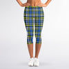 Blue Green And White Plaid Pattern Print Women's Capri Leggings