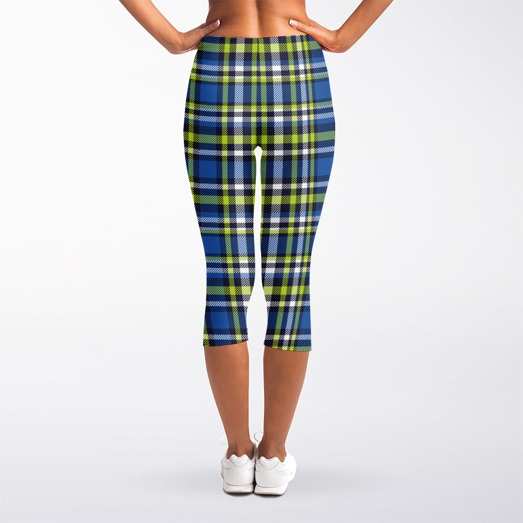 Blue Green And White Plaid Pattern Print Women's Capri Leggings