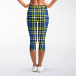 Blue Green And White Plaid Pattern Print Women's Capri Leggings