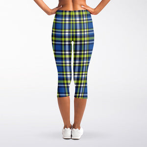 Blue Green And White Plaid Pattern Print Women's Capri Leggings