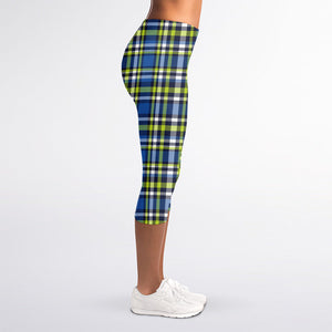 Blue Green And White Plaid Pattern Print Women's Capri Leggings