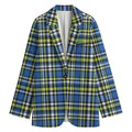 Blue Green And White Plaid Pattern Print Women's Cotton Blazer
