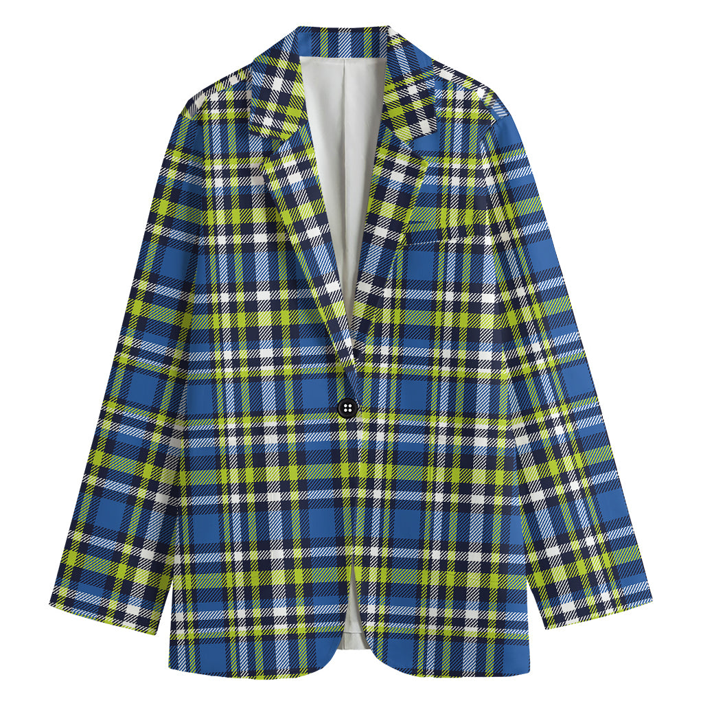 Blue Green And White Plaid Pattern Print Women's Cotton Blazer