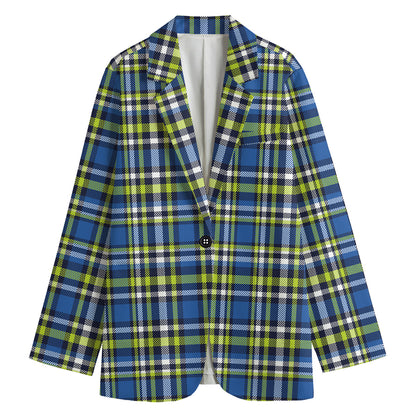 Blue Green And White Plaid Pattern Print Women's Cotton Blazer