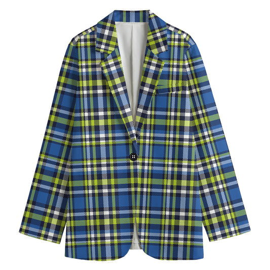 Blue Green And White Plaid Pattern Print Women's Cotton Blazer