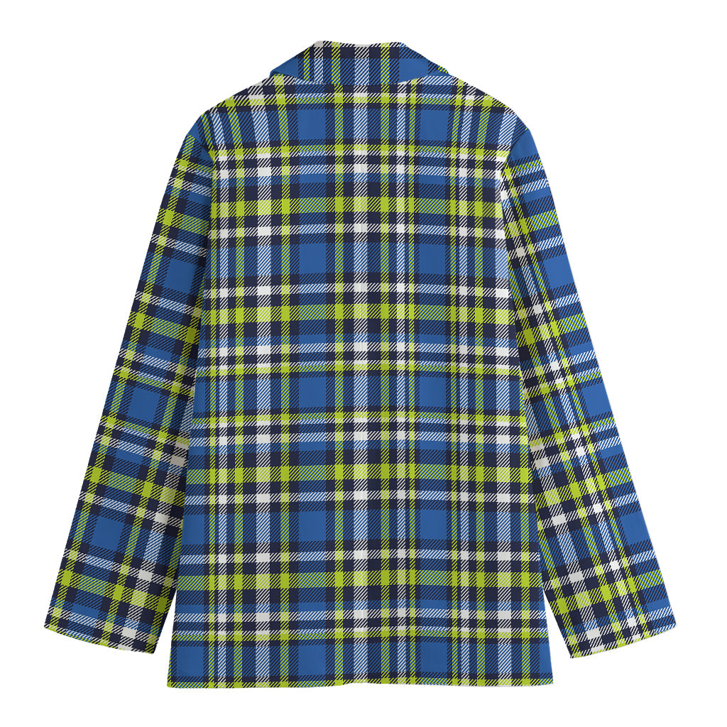 Blue Green And White Plaid Pattern Print Women's Cotton Blazer