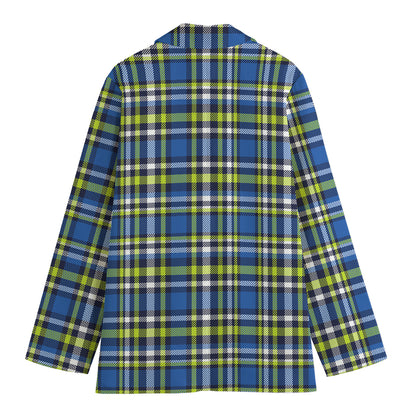 Blue Green And White Plaid Pattern Print Women's Cotton Blazer