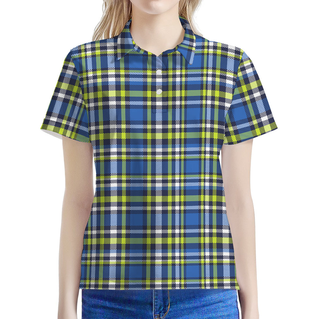 Blue Green And White Plaid Pattern Print Women's Polo Shirt