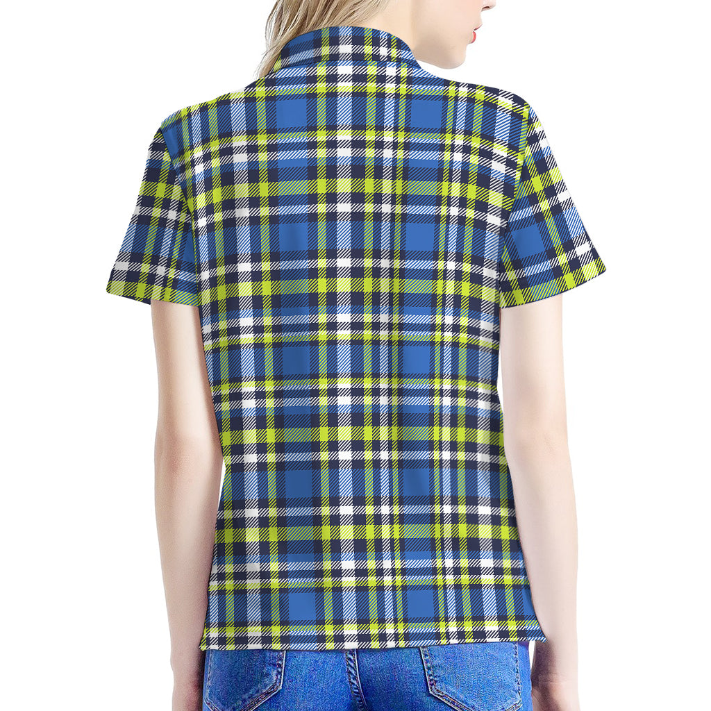 Blue Green And White Plaid Pattern Print Women's Polo Shirt