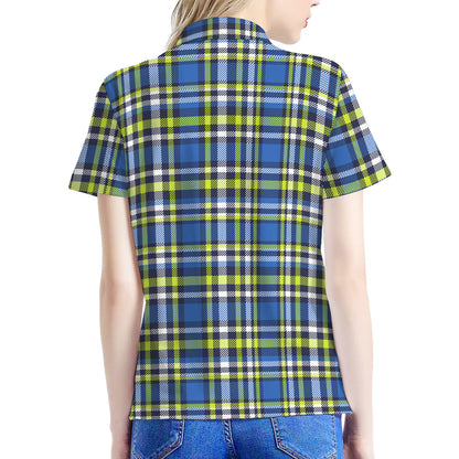 Blue Green And White Plaid Pattern Print Women's Polo Shirt