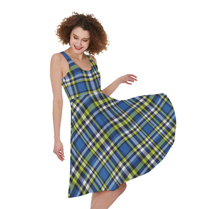 Blue Green And White Plaid Pattern Print Women's Sleeveless Dress