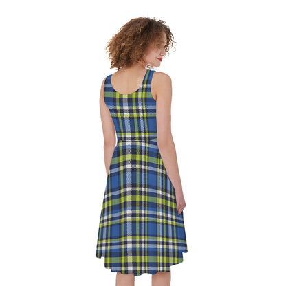 Blue Green And White Plaid Pattern Print Women's Sleeveless Dress