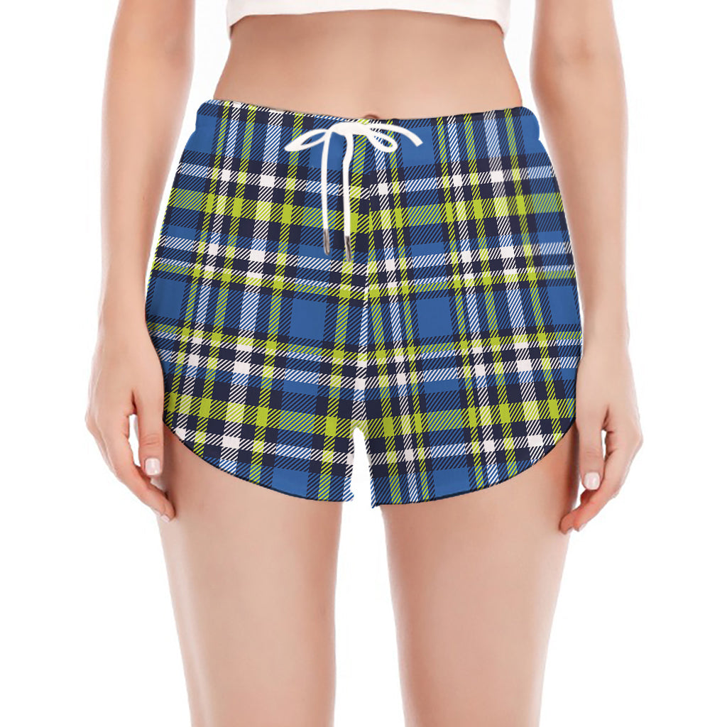 Blue Green And White Plaid Pattern Print Women's Split Running Shorts