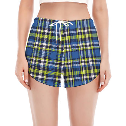 Blue Green And White Plaid Pattern Print Women's Split Running Shorts
