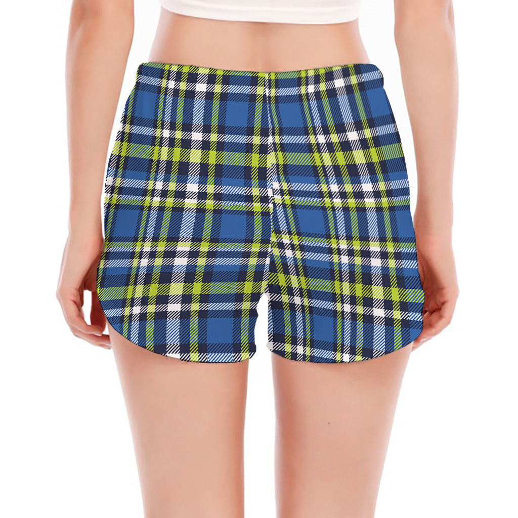 Blue Green And White Plaid Pattern Print Women's Split Running Shorts