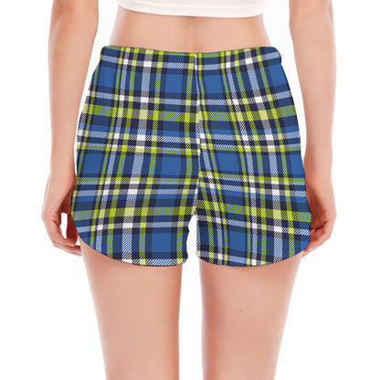 Blue Green And White Plaid Pattern Print Women's Split Running Shorts