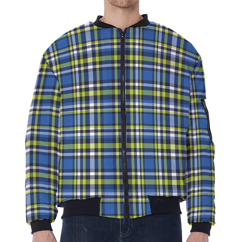 Blue Green And White Plaid Pattern Print Zip Sleeve Bomber Jacket