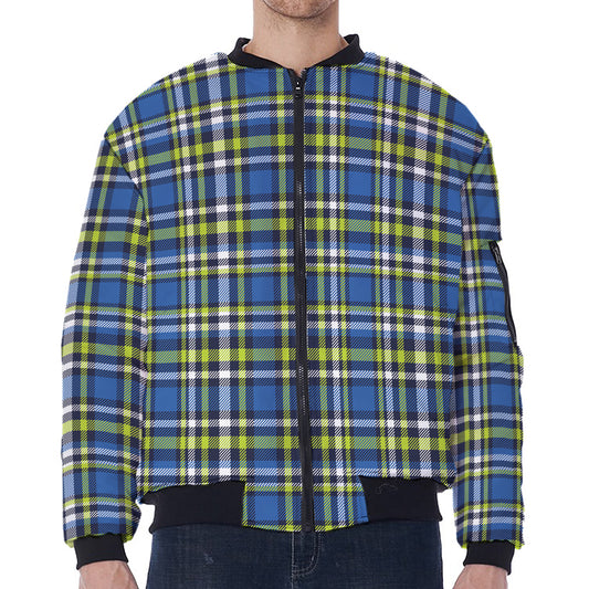 Blue Green And White Plaid Pattern Print Zip Sleeve Bomber Jacket