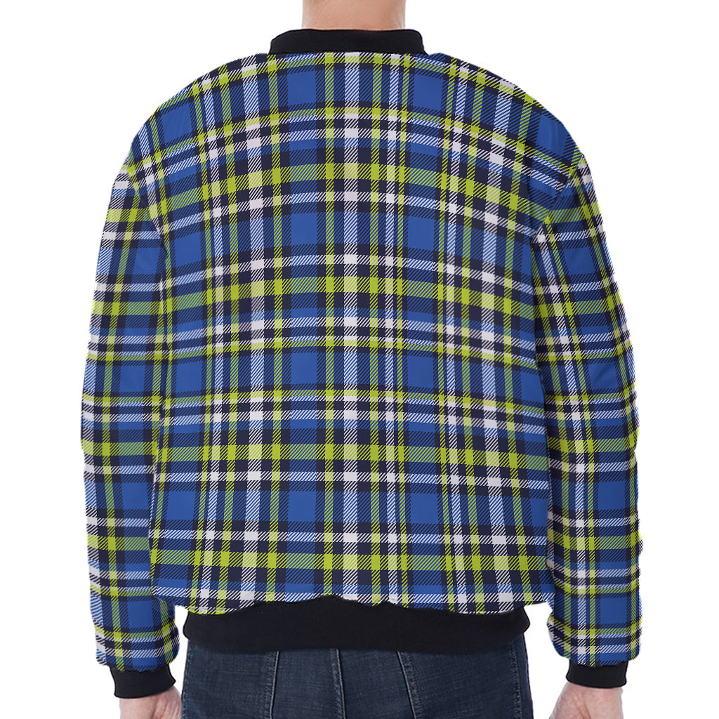 Blue Green And White Plaid Pattern Print Zip Sleeve Bomber Jacket