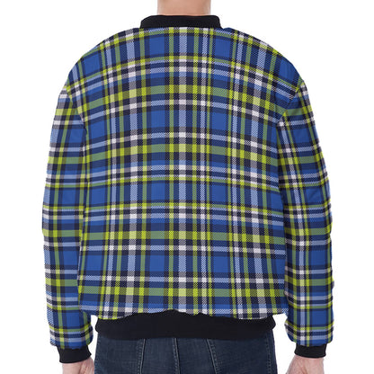 Blue Green And White Plaid Pattern Print Zip Sleeve Bomber Jacket