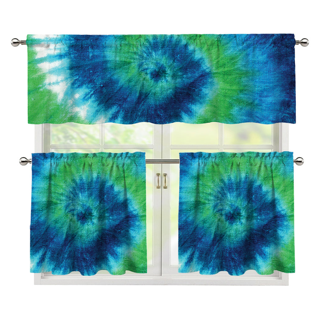 Blue Green And White Tie Dye Print 3 Piece Kitchen Curtains