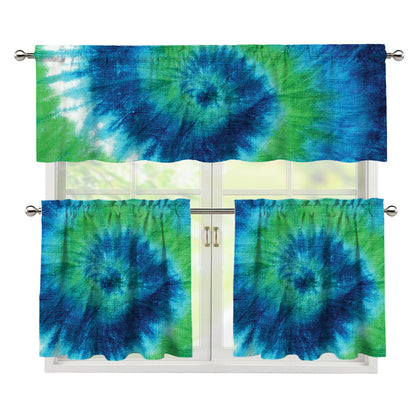 Blue Green And White Tie Dye Print 3 Piece Kitchen Curtains