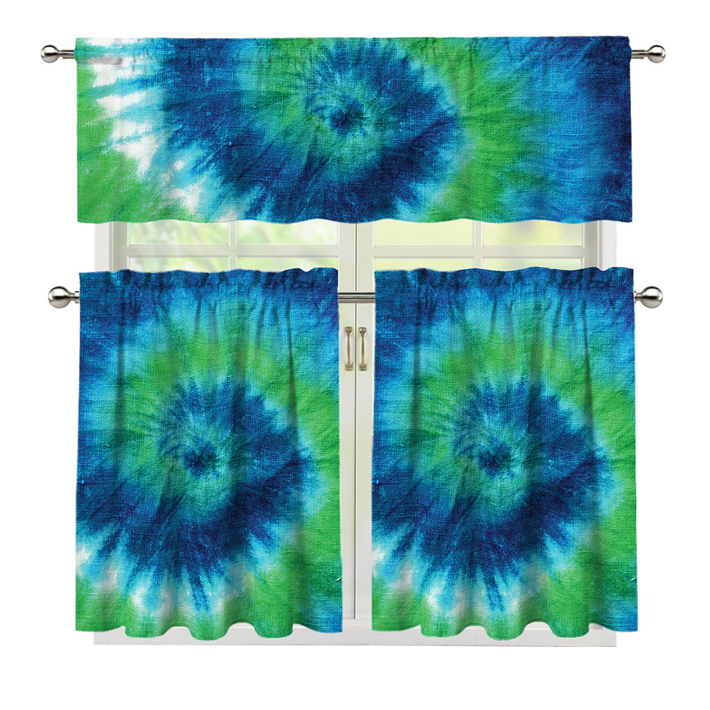 Blue Green And White Tie Dye Print 3 Piece Kitchen Curtains