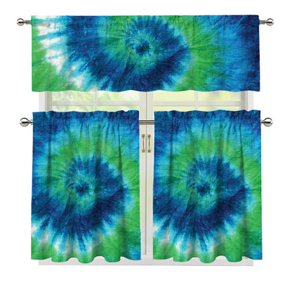 Blue Green And White Tie Dye Print 3 Piece Kitchen Curtains