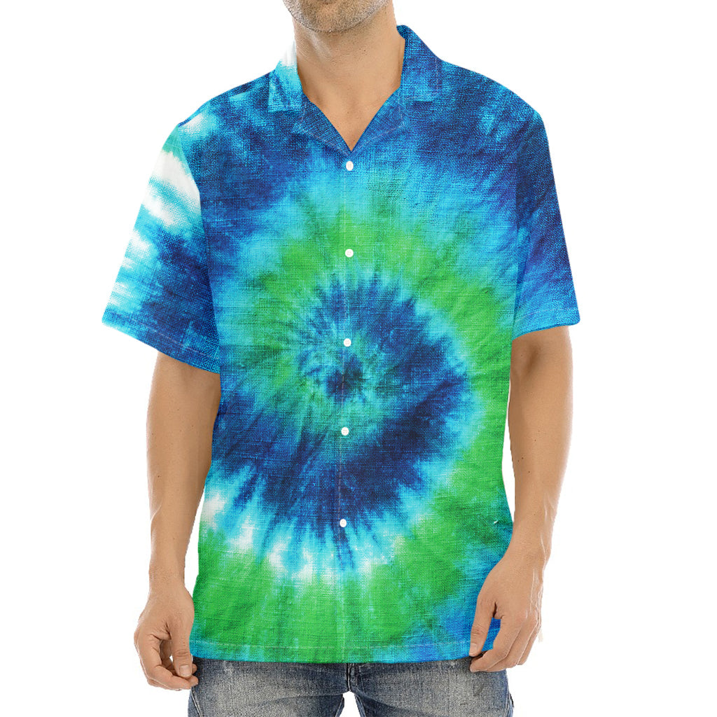 Blue Green And White Tie Dye Print Aloha Shirt