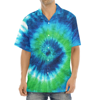 Blue Green And White Tie Dye Print Aloha Shirt