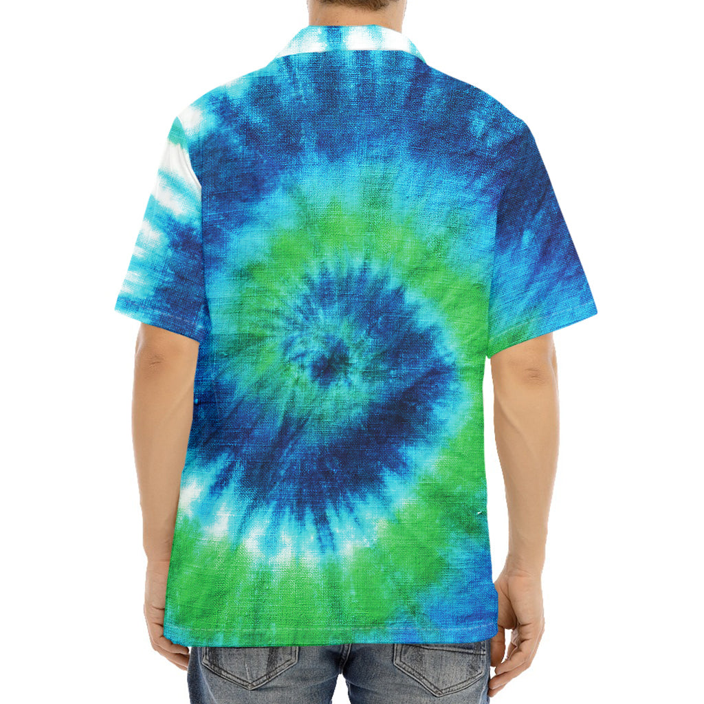 Blue Green And White Tie Dye Print Aloha Shirt