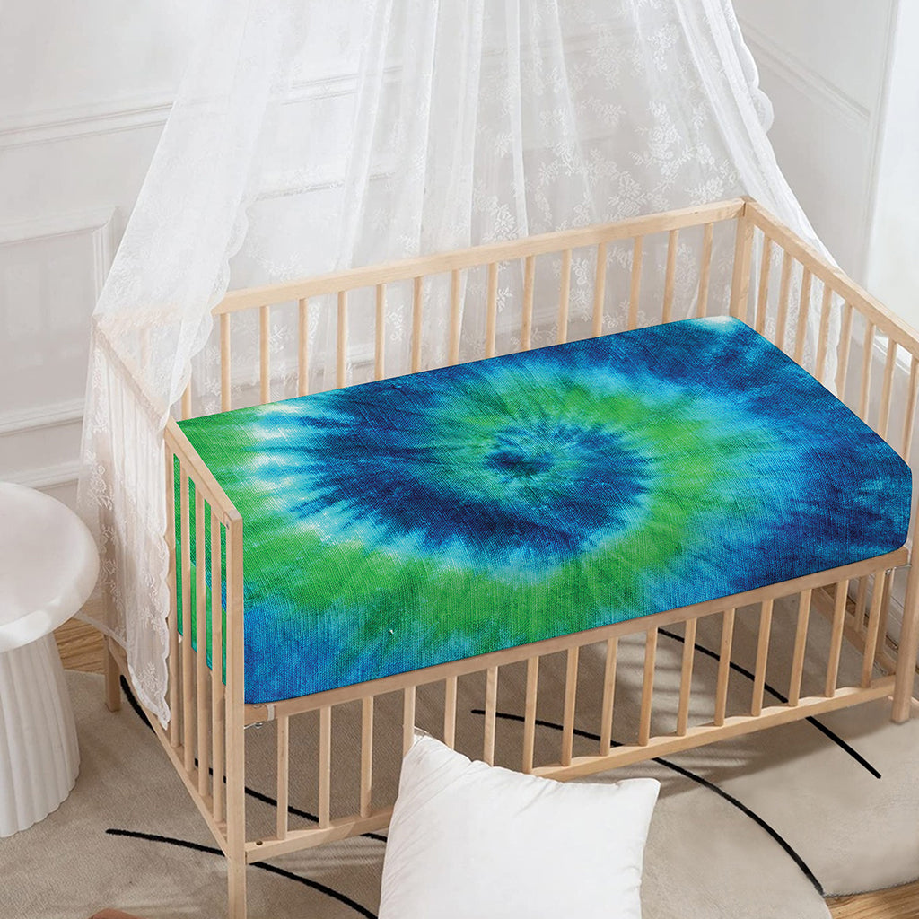 Blue Green And White Tie Dye Print Baby Crib Sheet