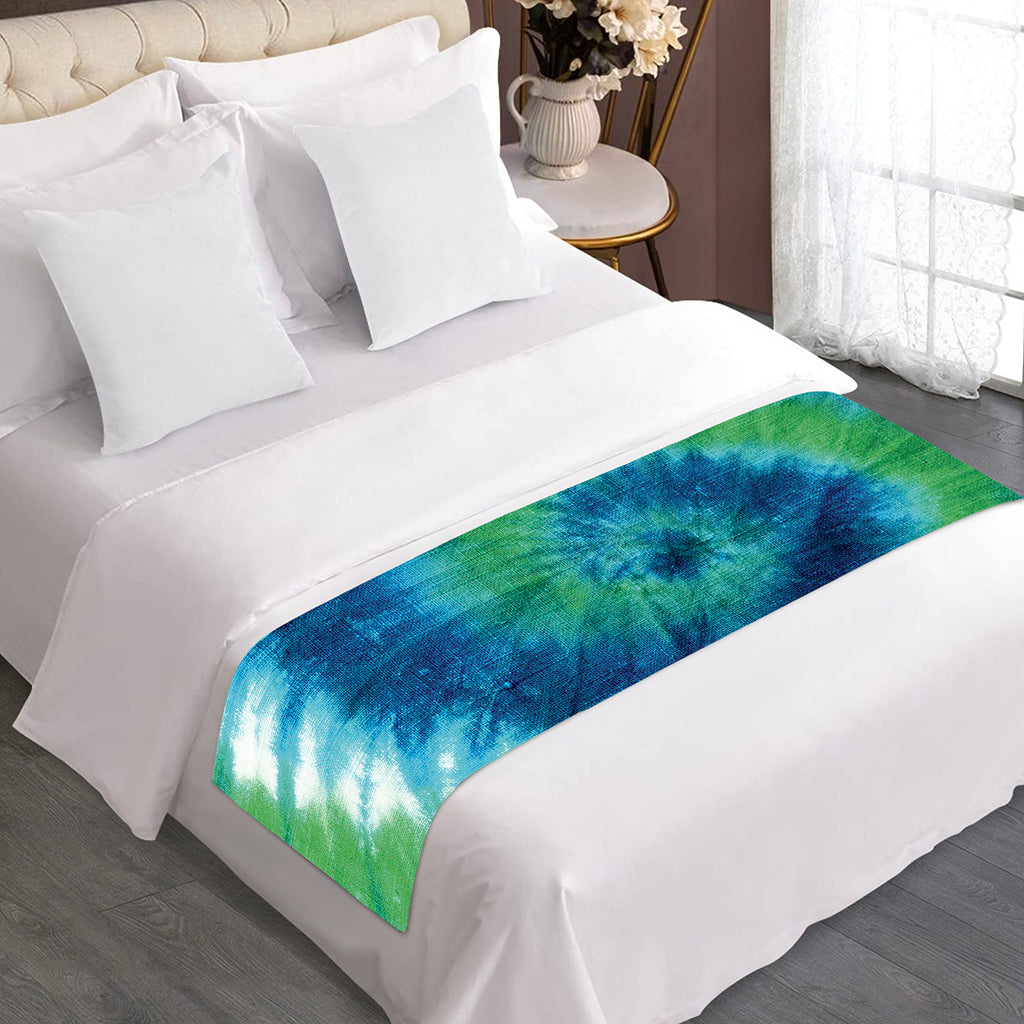 Blue Green And White Tie Dye Print Bed Runner