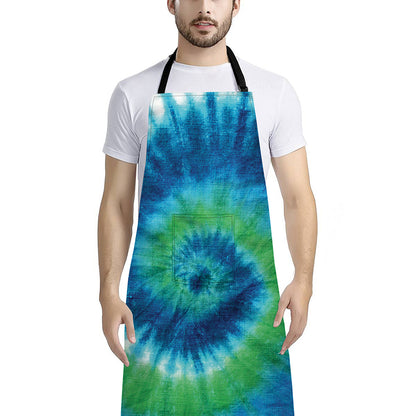 Blue Green And White Tie Dye Print Bib Apron With Pocket