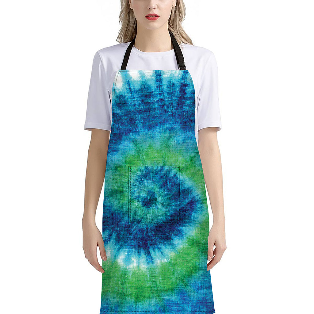 Blue Green And White Tie Dye Print Bib Apron With Pocket